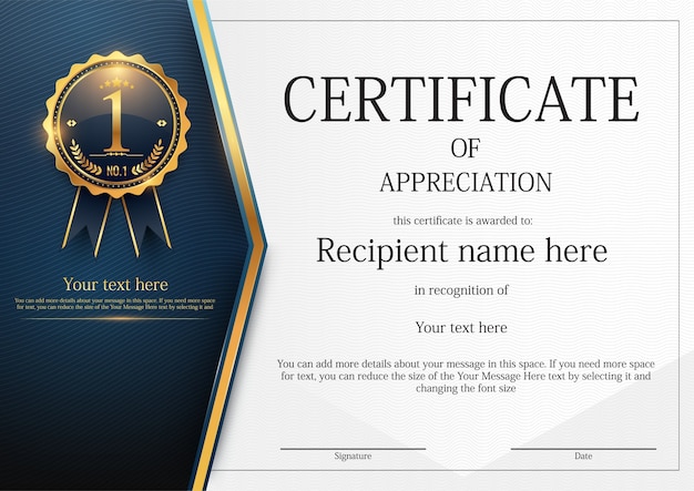 Certificate template of achievement with gold badge | Premium Vector