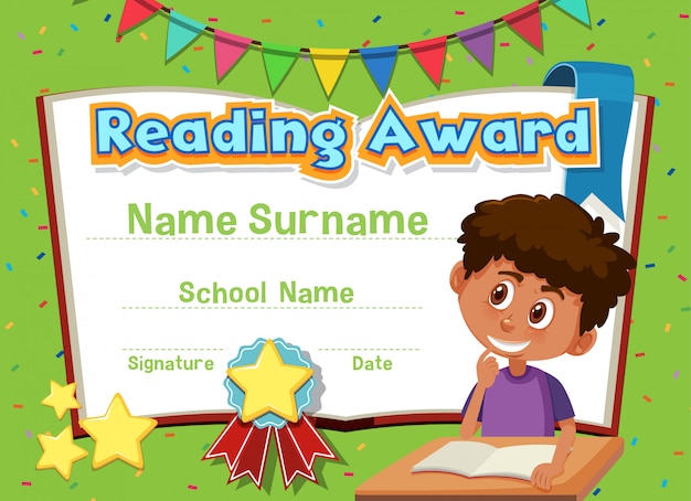 Premium Vector | Certificate template for reading award with boy ...