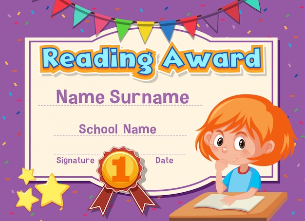 Certificate template for reading award with girl reading | Premium Vector