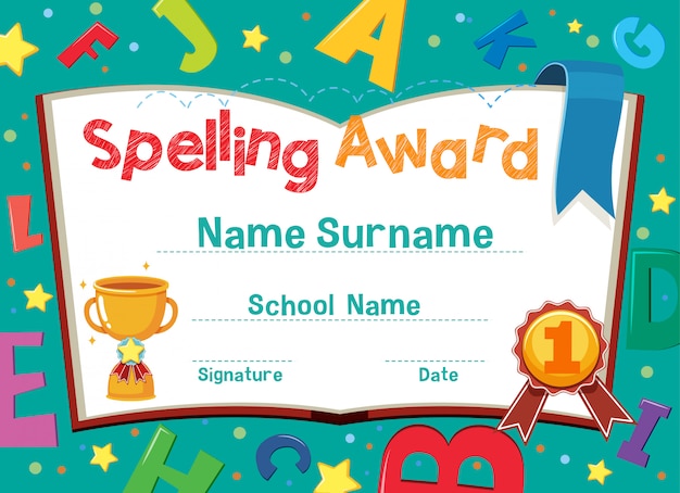 Premium Vector | Certificate Template For Spelling Award With Alphabets