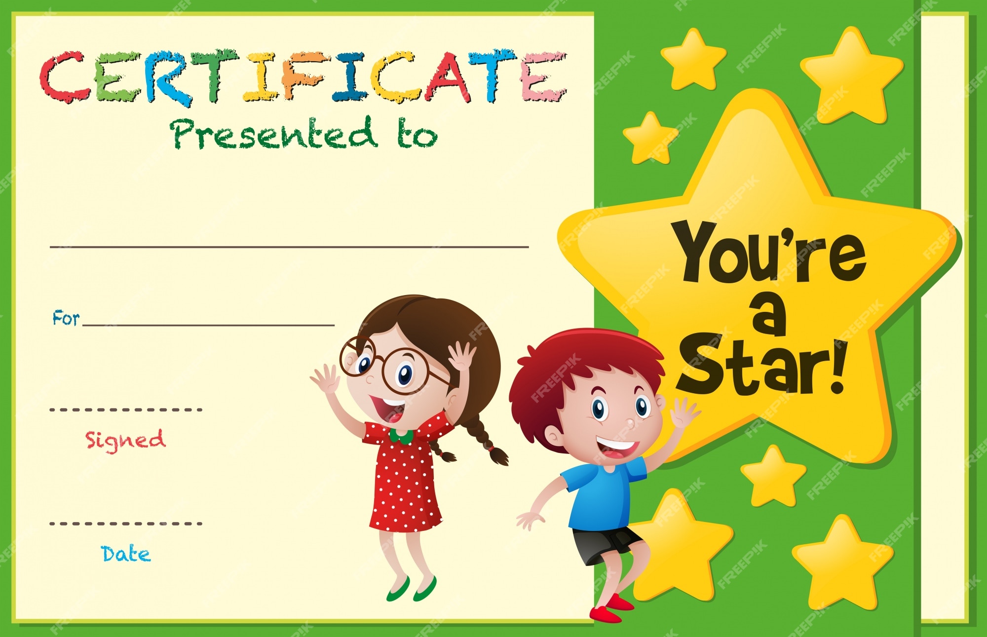 Premium Vector | Certificate template with kids and stars