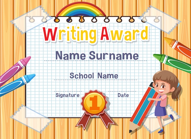 Premium Vector | Certificate template for writing award with girl writing