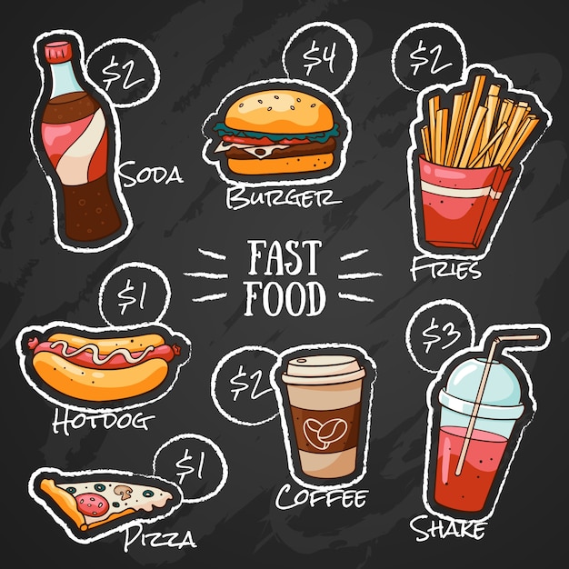 Premium Vector Chalk drawing fast food menu for restaurant with prices