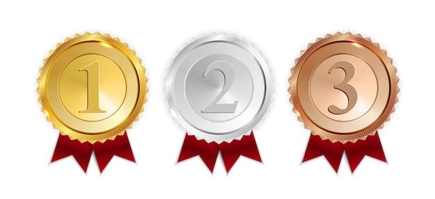 Champion gold, silver and bronze medal with red ribbon icon sign first, second and third place collection set isolated Premium Vector