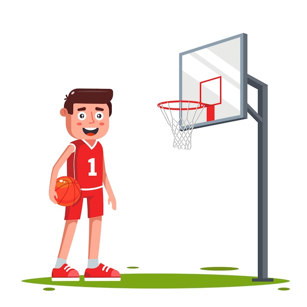 バスケットボールのフープでフィールド上のバスケットボール選手をキャラクターします ゴールを決める 図 プレミアムベクター
