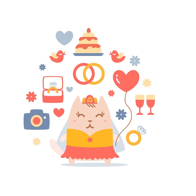 Character Cat Bride In A Wedding Dress Holding A Balloon Vector
