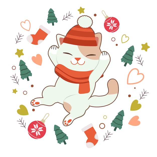 Download Premium Vector The Character Of Cute Cat Sleeping With Christmas Tree And Ball And Sock And Star And Heart PSD Mockup Templates