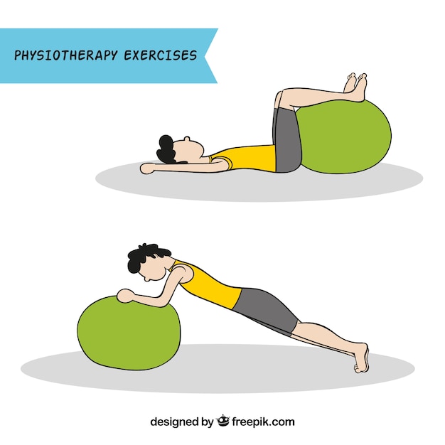 Character doing physiotherapy exercises with a\
ball
