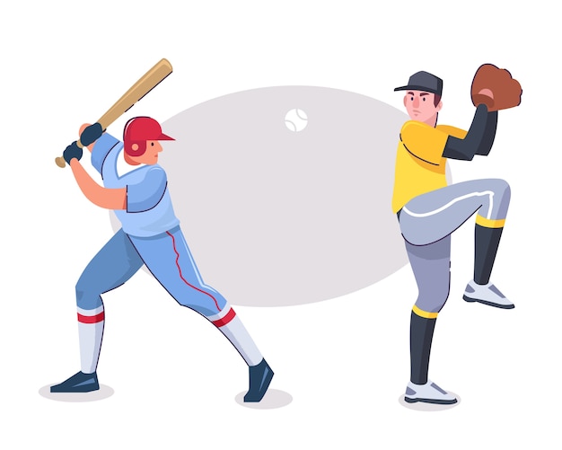 さまざまなポーズの野球選手のキャラクターイラスト バットで打者 手袋で投手 スポーツユニフォームのオブジェクト プロの競争 エンターテイメント 趣味のコンセプト プレミアムベクター
