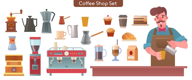コーヒーショップ カフェ カフェテリアのキャライラストセット要素 カウンターでコーヒーを作るバリスタ 各種デザート コーヒーメーカー グラインダー マシンのバンドル プレミアムベクター