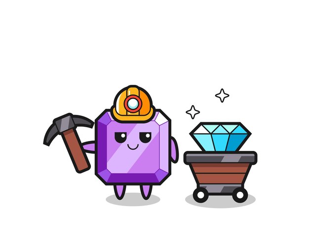 鉱山労働者としての紫色の宝石のキャラクターイラスト Tシャツ ステッカー ロゴ要素のかわいいスタイルのデザイン プレミアムベクター
