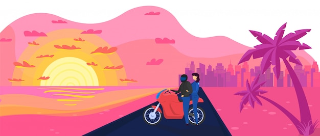 プレミアムベクター キャラクターの男性バイカー 女性 バイクのイラストのカップル ネオン ビンテージスタイル オレンジ色の夕日 日没 ヤシの木 街への道