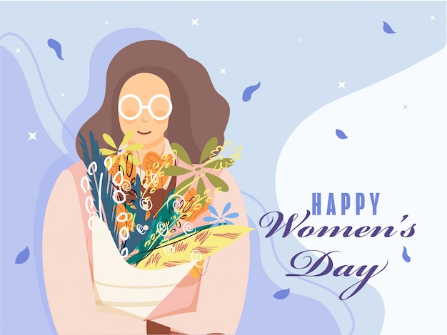 幸せな女性の日の青色の背景に花の花束を保持している女性のキャラクター プレミアムベクター