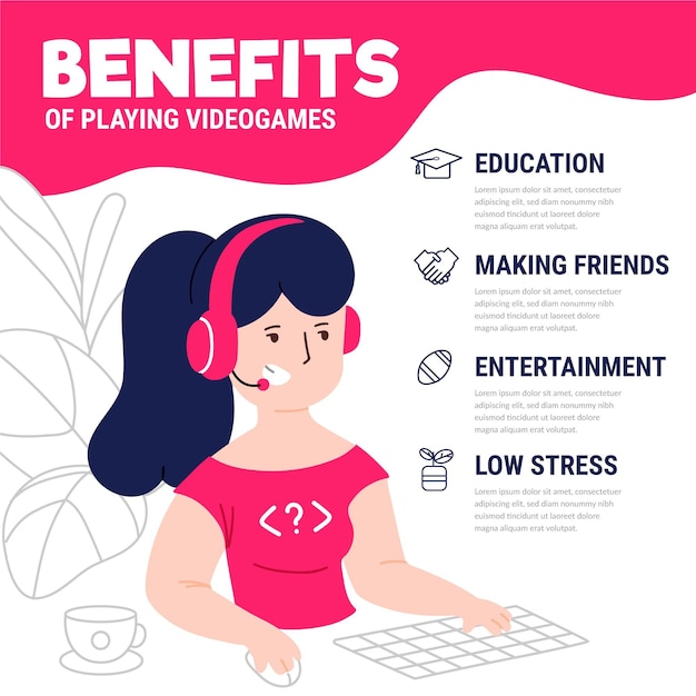 Character playing video games benefits infographic | Free Vector