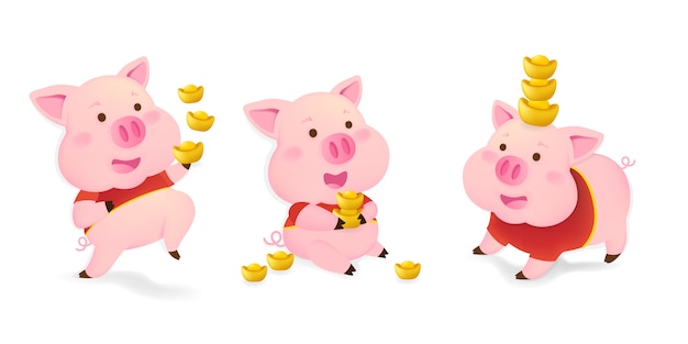 豚のキャラクターセット 中国の新年の豚 プレミアムベクター