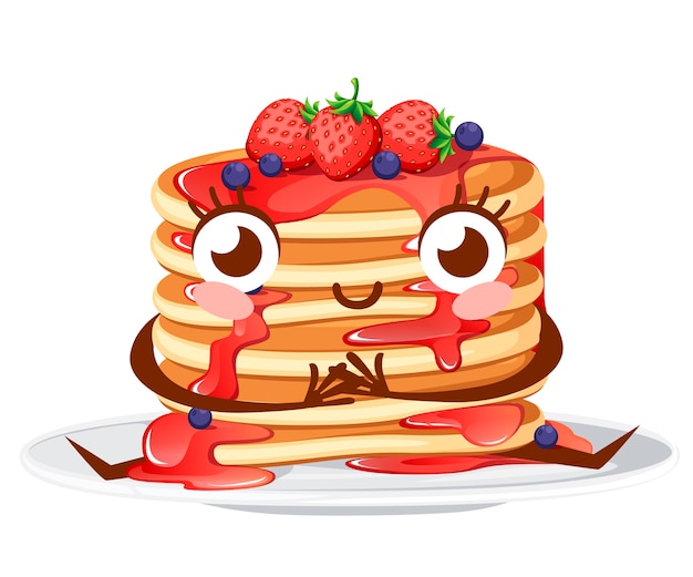 キャラクター いちごシロップのパンケーキとスグリとイチゴのスタック 白い背景のイラスト 白いプレート マスコットのパンケーキ プレミアムベクター