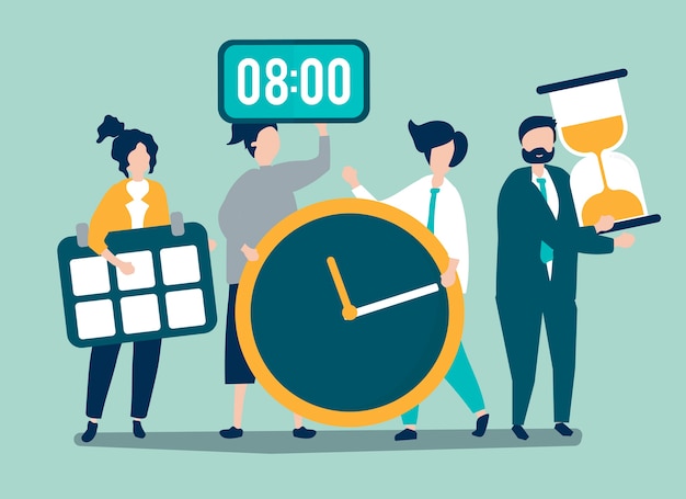 Characters of people holding time management concept Free Vector