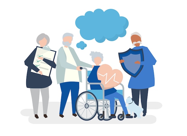 Characters of senior people holding healthcare
icons
