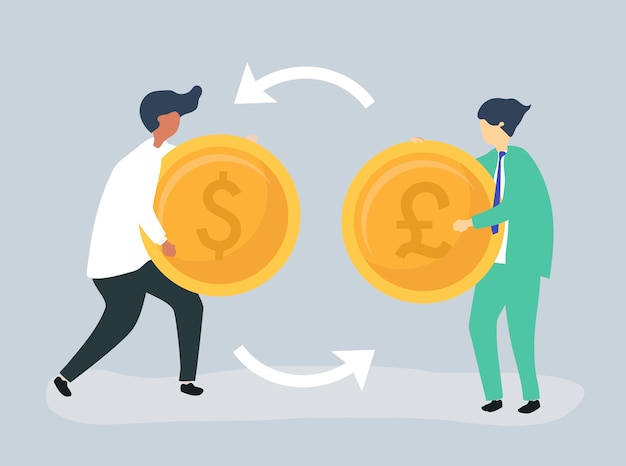 Characters of two businessmen exchanging currency Free Vector