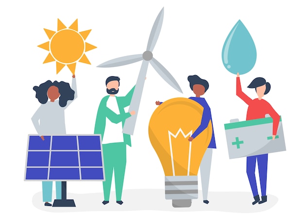 Characters of people holding green energy icons Free Vector