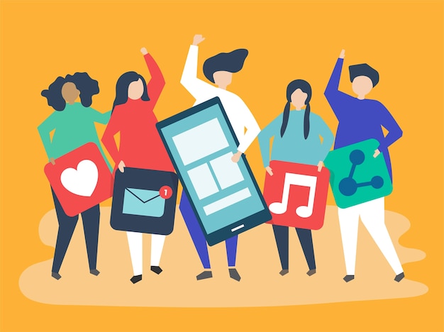 Characters of people holding social networking icons Free Vector