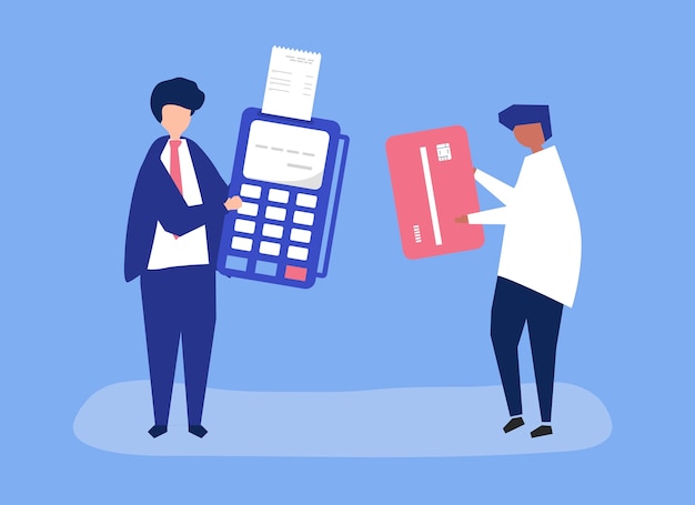 Characters of people making a credit card transaction Free Vector