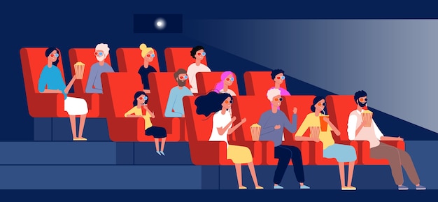 映画を見ているキャラクター 映画館の椅子に座っている人は フラットな写真の概念をベクトルします 映画館の講堂 観客はリラックスしてイラストを見て プレミアムベクター