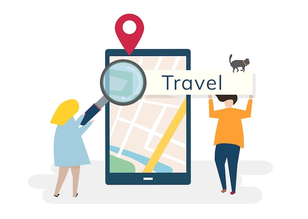 Characters with traveling and technology concept Free Vector