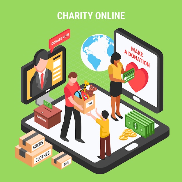 Free Vector | Charity Online Isometric Composition With Volunteers ...