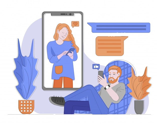 スマホのイラストのチャットアプリ 椅子に座っている男 スマホの画面で女性 男が女の携帯電話に指をあきらめる 女性は男性のように与えています プレミアムベクター