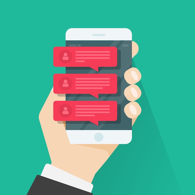 Chat message notifications mobile phone, smartphone red chatting bubble speeches Premium Vector