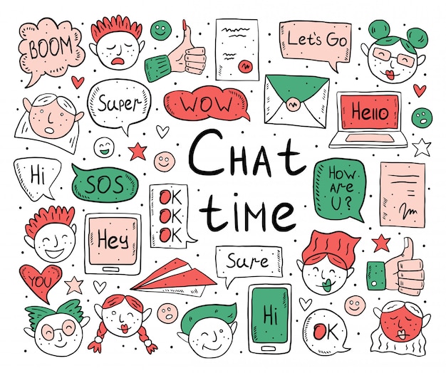 Premium Vector Chat Time Cartoon Doodle Vector Seamless Pattern Background Backdrop Texture Back Speech Bubble Message Emoji Letter Gadget Cute Colorful Design Isolated On White Background