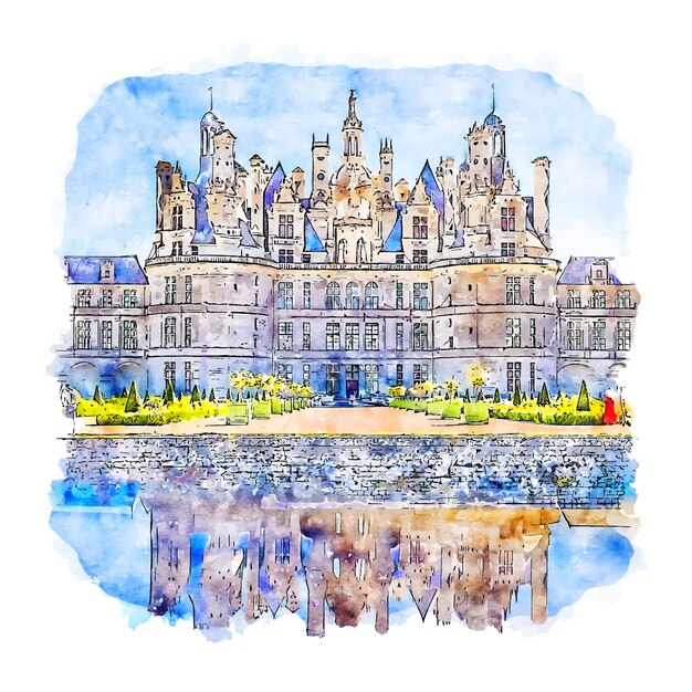 Premium Vector Chateau De Chambord France Watercolor Sketch Hand Drawn Illustration