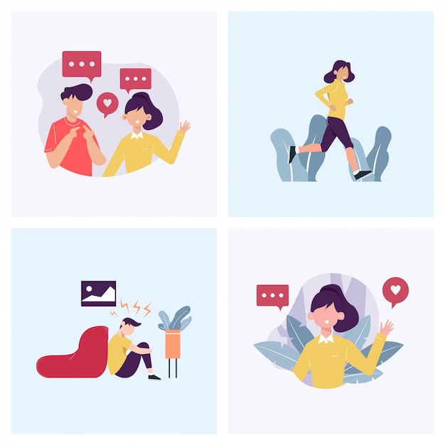 Premium Vector Chatting Greeting Exercising And Depression In Concept Illustration Set