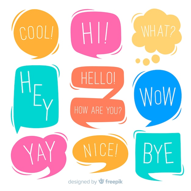 Chatting phrases on colourful speech bubbles collection Free Vector