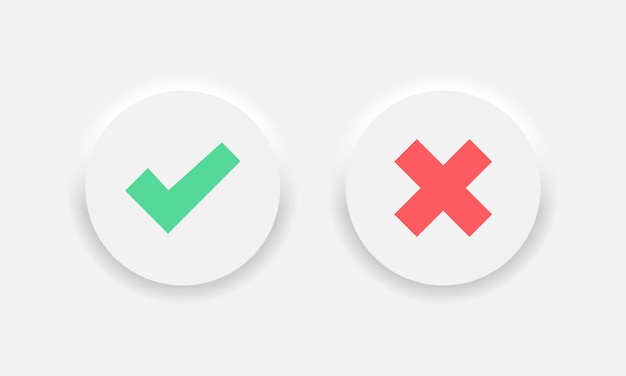  Check mark vector icons. accept aprove and reject icons. neumorphic soft effect white circle button