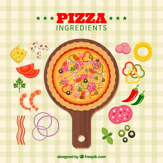 Checkered tablecloth background with\
ingredients and delicious pizza