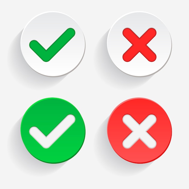 Checkmark green tick and red cross of approved and reject circle symbols yes and no button for vote,