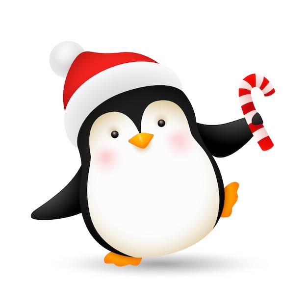 Cheerful baby penguin dancing with candy cane | Free Vector