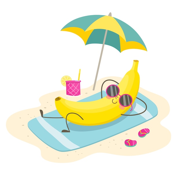 傘の下のビーチで陽気なバナナの日光浴 漫画フラットスタイルのイラスト プレミアムベクター