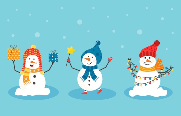 Premium Vector | Cheerful christmas snowmen with different presents ...