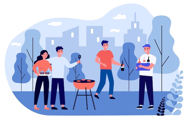 Premium Vector | Cheerful friends having fun on bbq picnic. barbeque ...