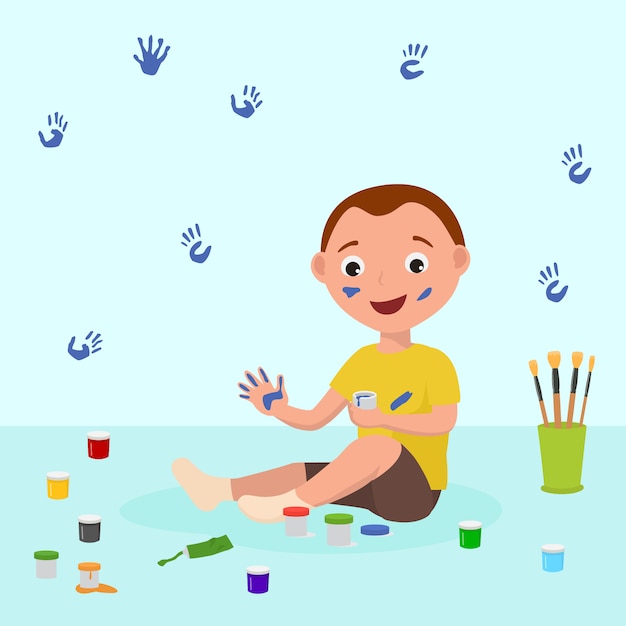 床に座って カラフルな指で遊んで元気な子少年は イラストを描画します 彼はアートクラス 幼稚園 または自宅で手で描きます プレミアムベクター