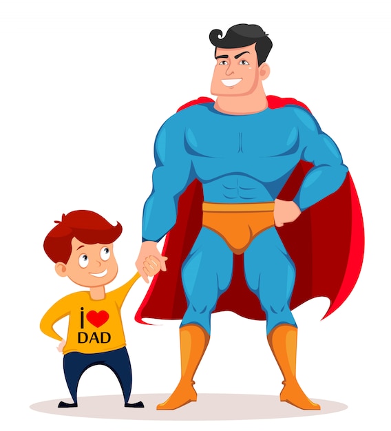 Cheerful son and dad in costume of superhero Premium Vector