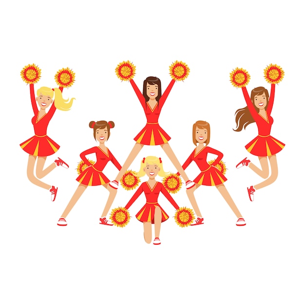ポンポンで踊るチアリーダーの女の子が競技中にサッカーチームをサポートします カラフルな漫画キャラクターイラスト プレミアムベクター