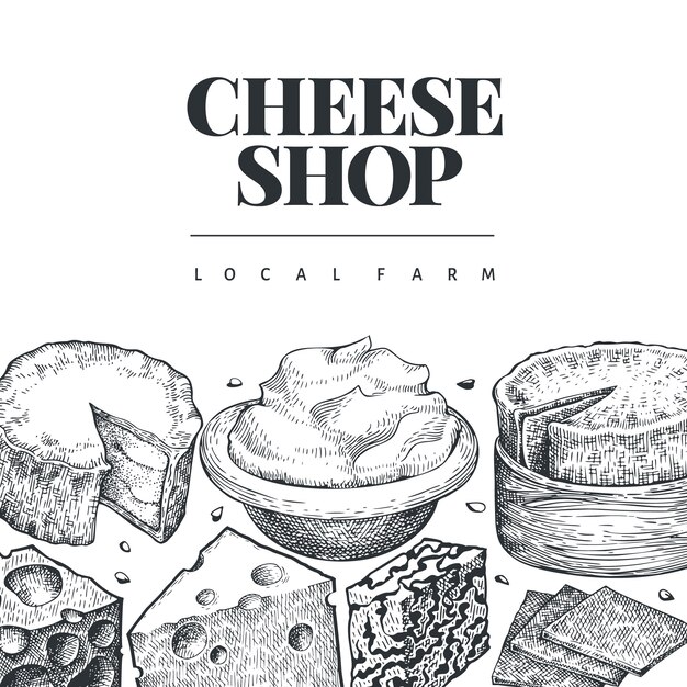 チーズのデザインテンプレート 手描きの乳製品のイラスト 刻まれたスタイルの異なるチーズの種類 ビンテージ食品の背景 プレミアムベクター