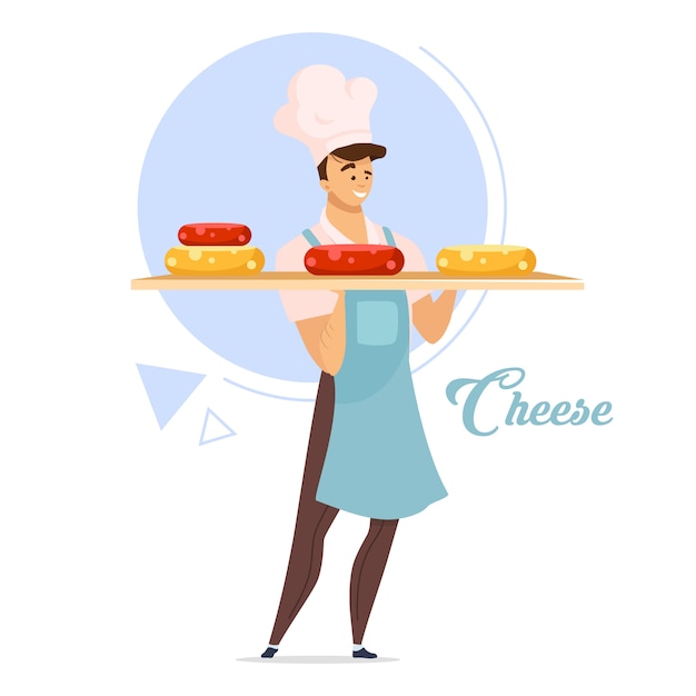 プレミアムベクター チーズ生産カラーイラスト チーズ作り エプロン の男性のチーズメーカー トレイを持つ男 食品業界 乳製品 白い背景の上の漫画のキャラクター