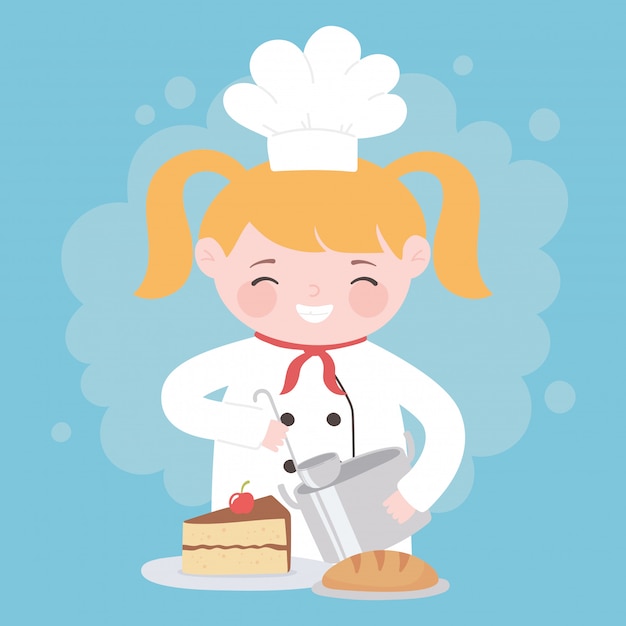 Premium Vector | Chef blonde girl cooking with pot bread and cake ...