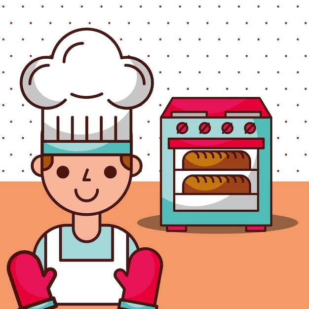 Chef boy cartoon waiting bread in oven baked Vector ...