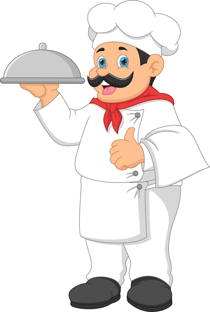 Premium Vector | Chef man brings food tray and gives thumbs up